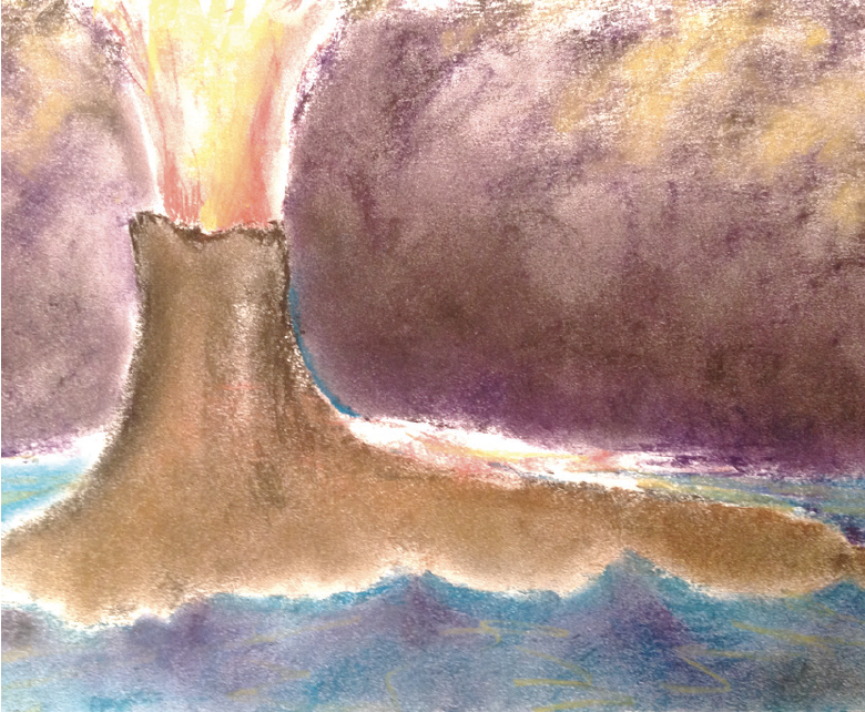 Pastel drawing of a volcanic island with a lava erupting out from the cavernous mouth illustrating an eruption of a bottled up anger