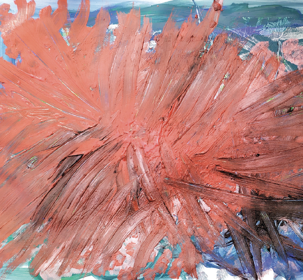 Acrylic painting painted with fingers in bright red colour as an explosive gesture of anger