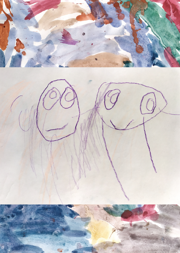 A young child's naive drawing of two faces - one sad and one smiling