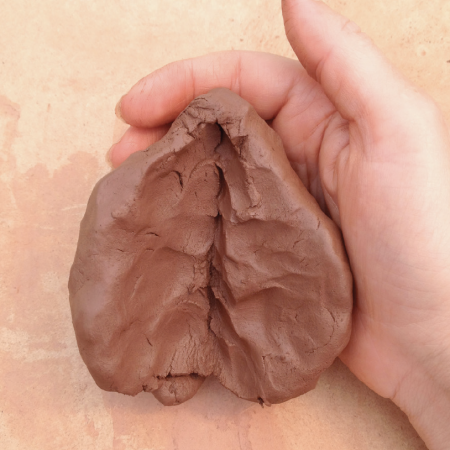 Photograph of a hand holding a piece of wet red clay shaped as a heart representing holding and safety