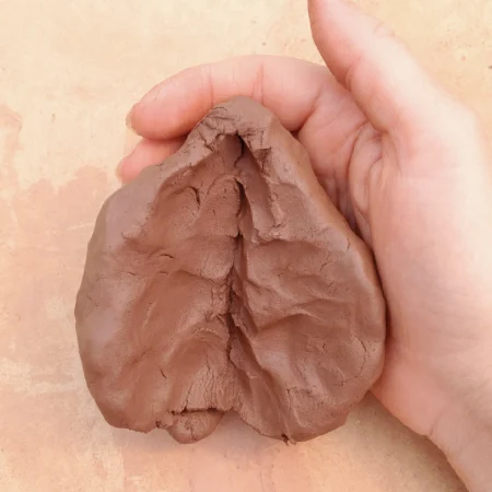 Photograph of a hand holding a piece of wet red clay shaped as a heart representing holding and safety