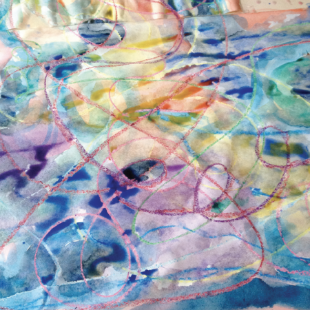 A colourful crayon scribble overpainted with watercolours-a close up of a large group painting with movement called the River of Life